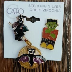 Cato Halloween Pins Sterling Silver Cubic Zirconia Witch, Bat, Frankenstein VTG